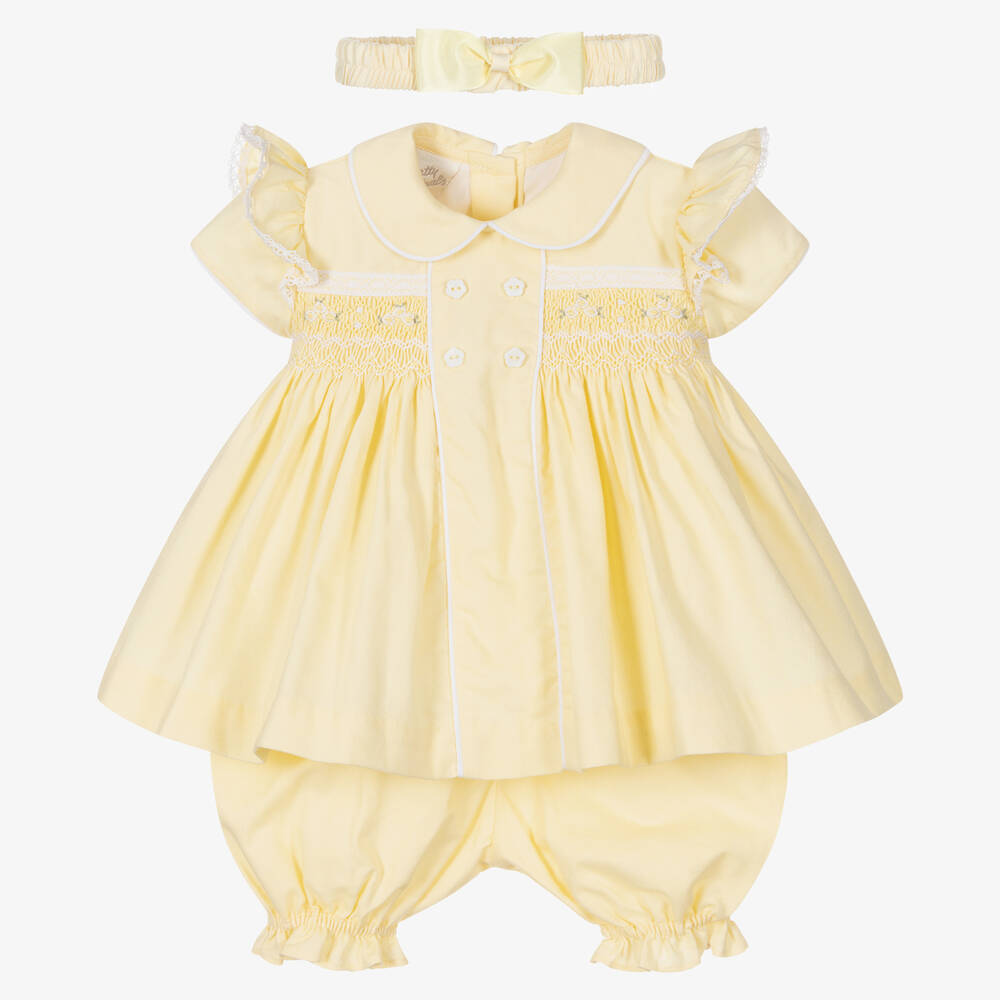 Pretty Originals - طقم فستان مطرز سموكينغ قطن لون أصفر | Childrensalon