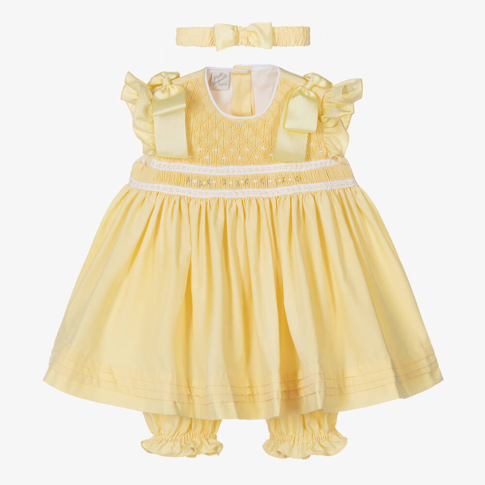 Pretty Originals-Girls Yellow Smocked Cotton Dress Set | Childrensalon Outlet