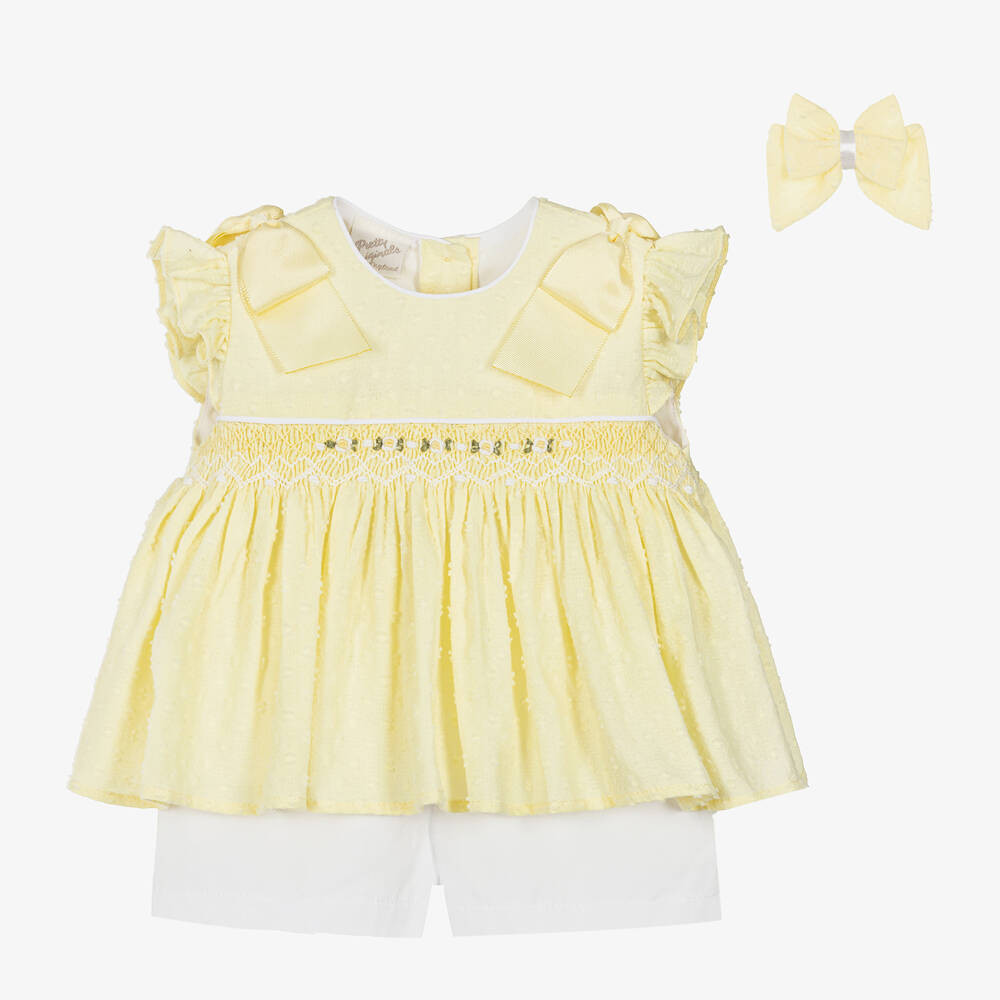 Pretty Originals-Girls Yellow Smocked Cotton Shorts Set | Childrensalon Outlet