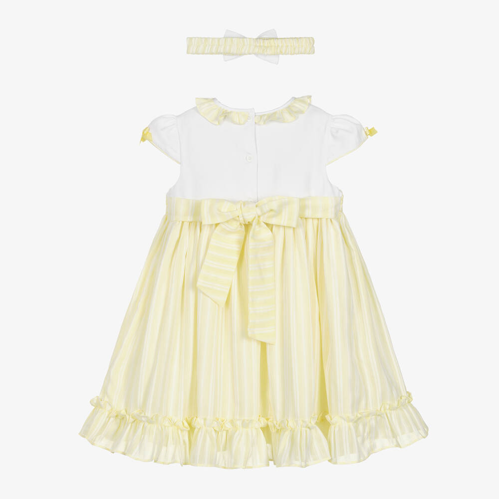 بريتي أوريجينال-طقم فستان مطرز سموك قطن مقلم لون أصفر وأبيض | Childrensalon Outlet