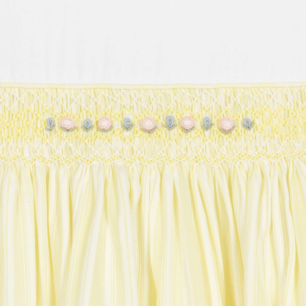 بريتي أوريجينال-طقم فستان مطرز سموك قطن مقلم لون أصفر وأبيض | Childrensalon Outlet