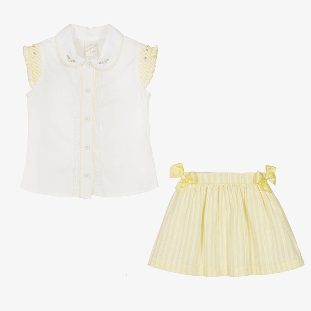 بريتي أوريجينال-طقم تنورة قطن لون أصفر وأبيض | Childrensalon Outlet