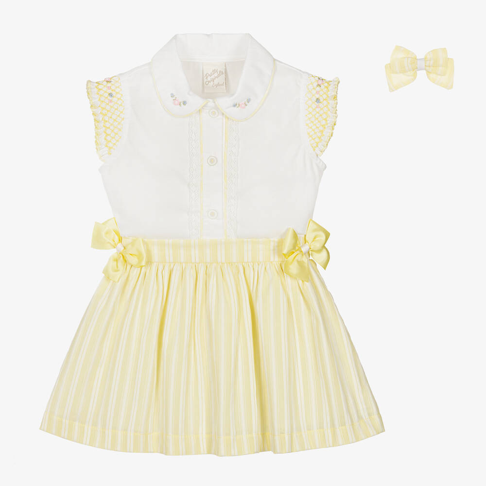 Pretty Originals-طقم تنورة قطن لون أصفر وأبيض | Childrensalon Outlet