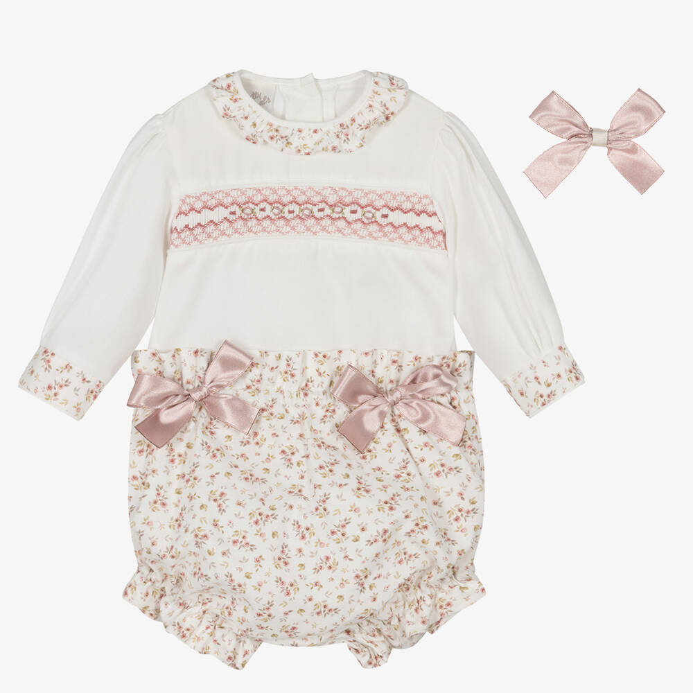 Pretty Originals - Ivory & Pink Hand-Smocked Floral Shorts Set | Childrensalon