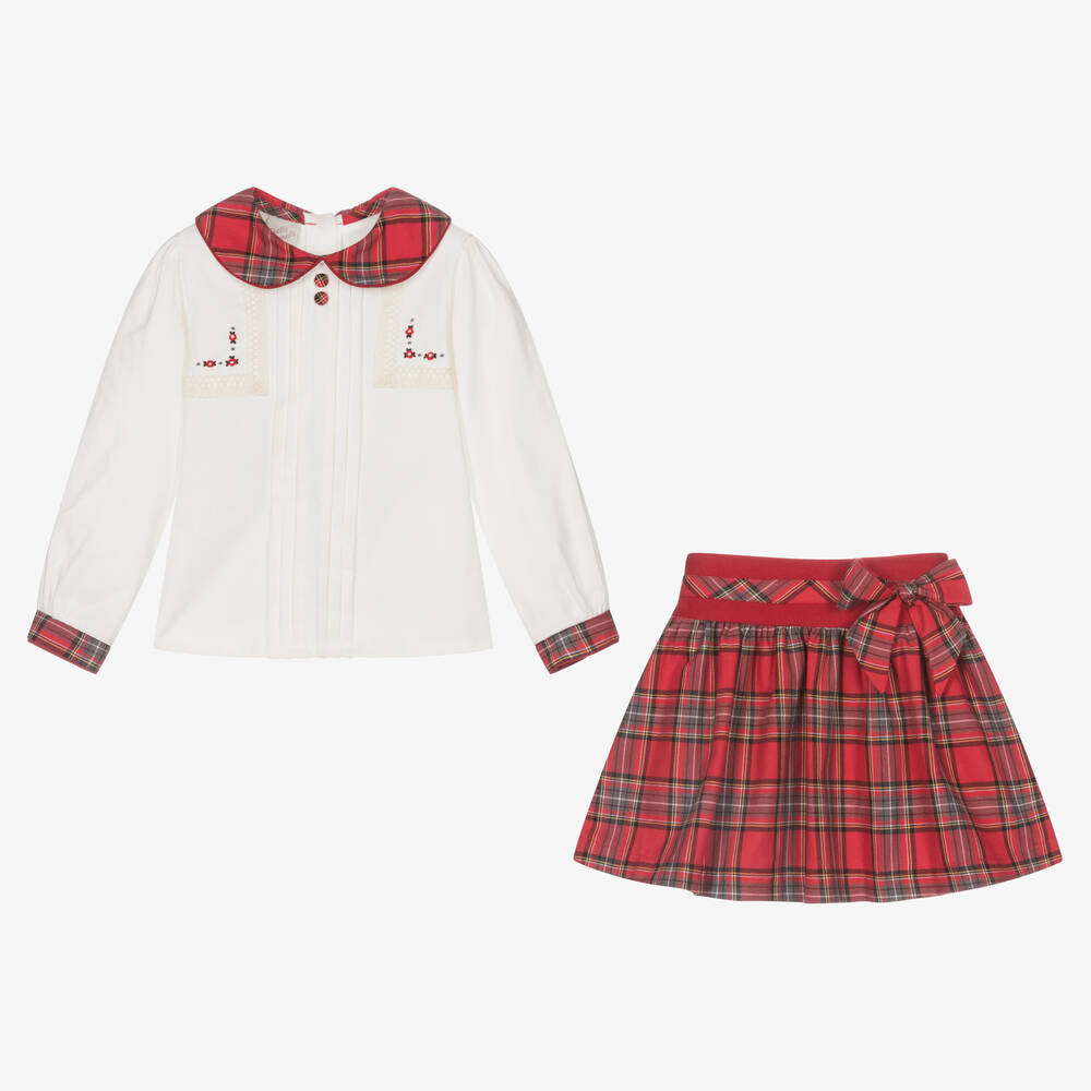 بريتي أوريجينال-طقم تنورة قطن تارتان لون عاجي وأحمر | Childrensalon Outlet