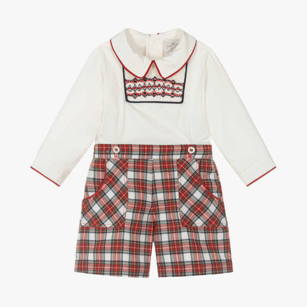 Pretty Originals-بدلة رسمية أطفال ولادي تارتان تطريز سموك لون أحمر وعاجي | Childrensalon Outlet