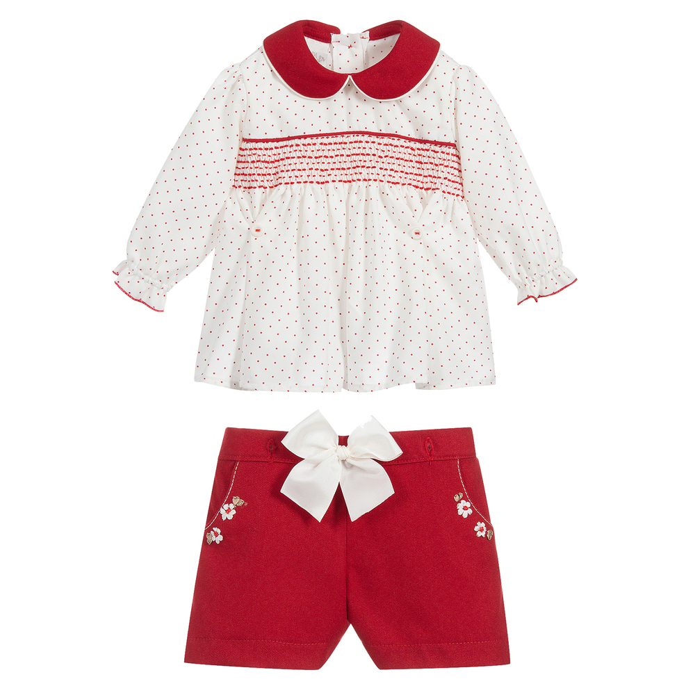 بريتي أوريجينال-طقم شورت مطرز 3 قطع لون أحمر وعاجي | Childrensalon Outlet
