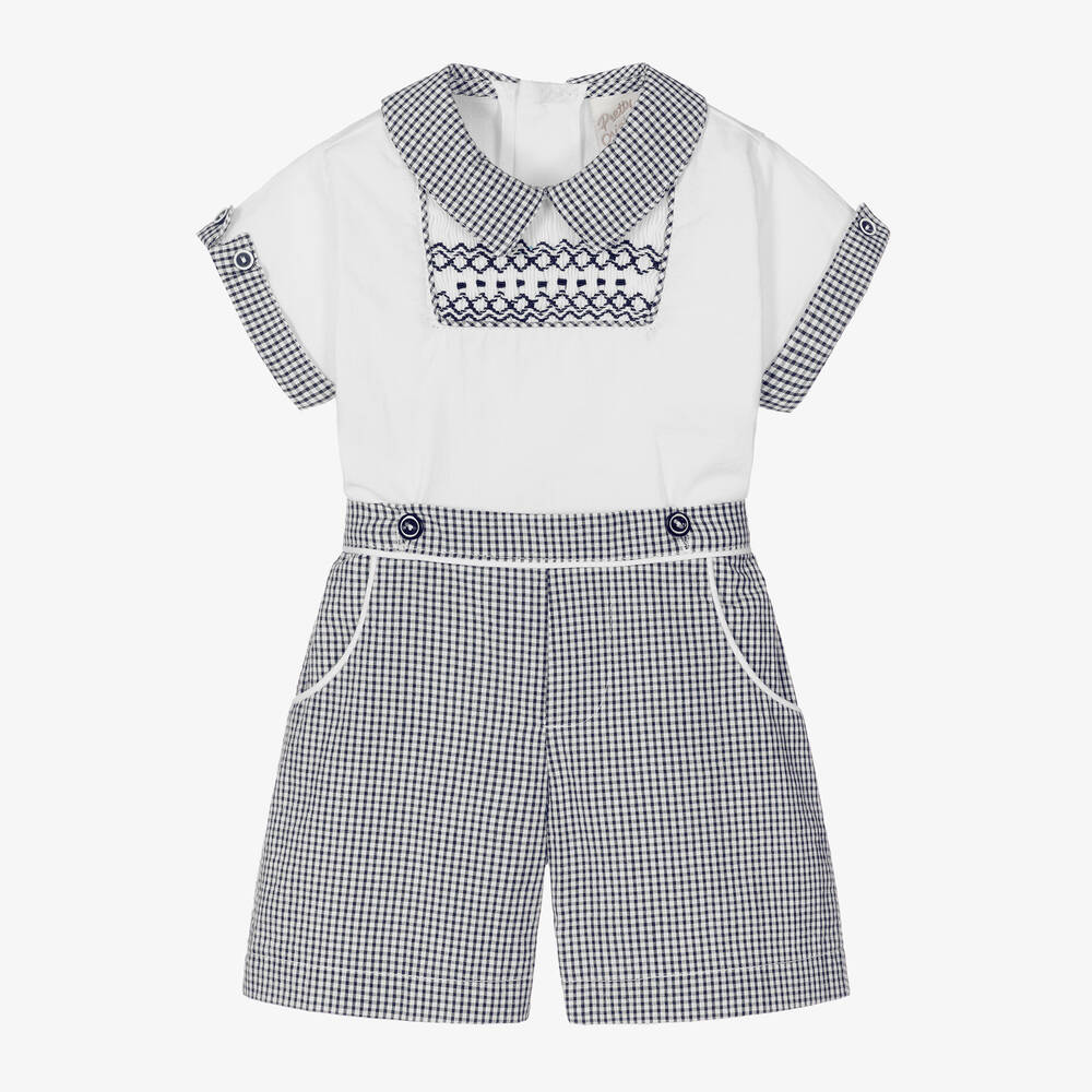 Pretty Originals - White & Blue Check Smocked Buster Suit | Childrensalon