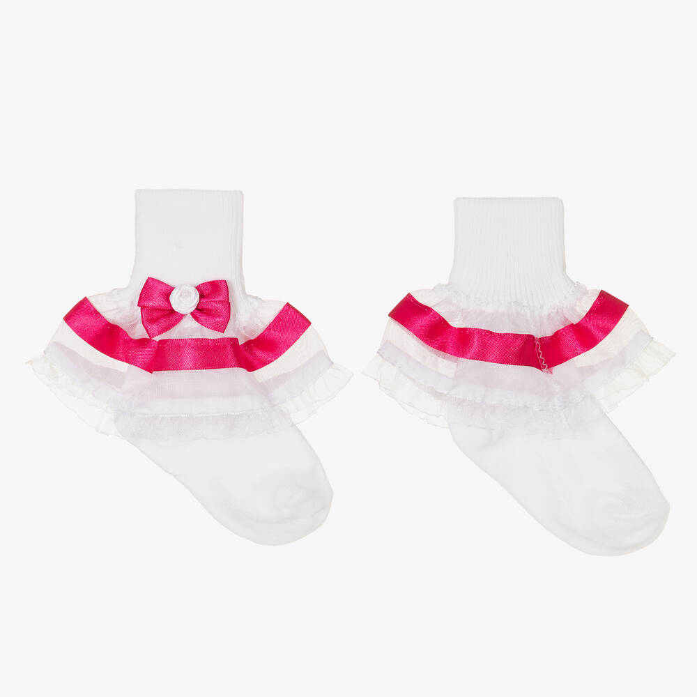 Pretty Originals - White & Pink Frilly Socks | Childrensalon
