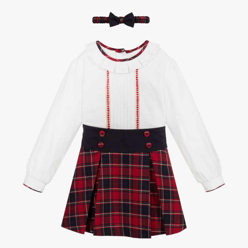 Pretty Originals - White & Red Tartan Skirt Set | Childrensalon