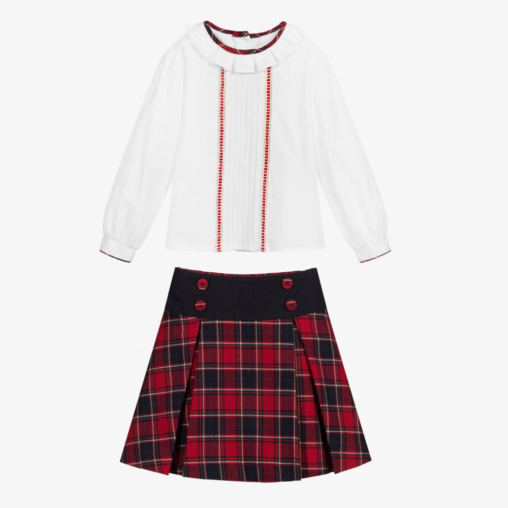 بريتي أوريجينال-طقم تنورة 3 قطع قطن تارتان لون أبيض وأحمر | Childrensalon Outlet