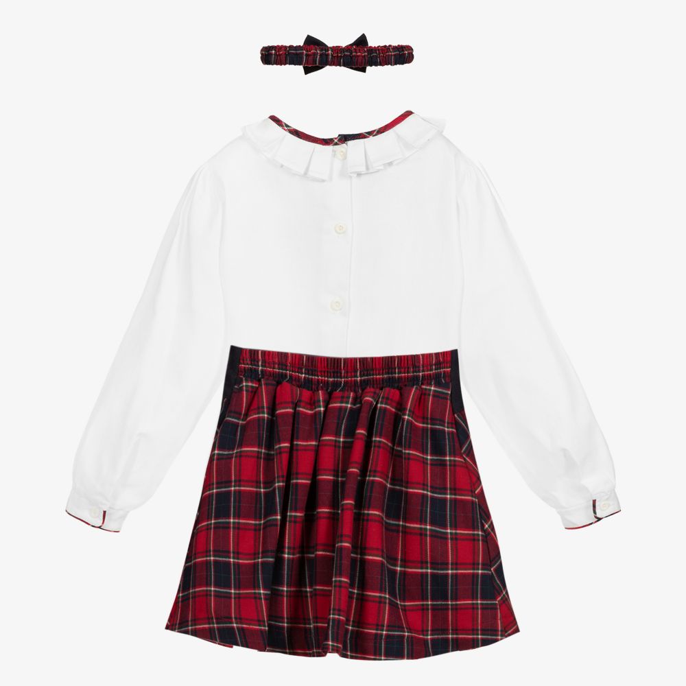 بريتي أوريجينال-طقم تنورة 3 قطع قطن تارتان لون أبيض وأحمر | Childrensalon Outlet