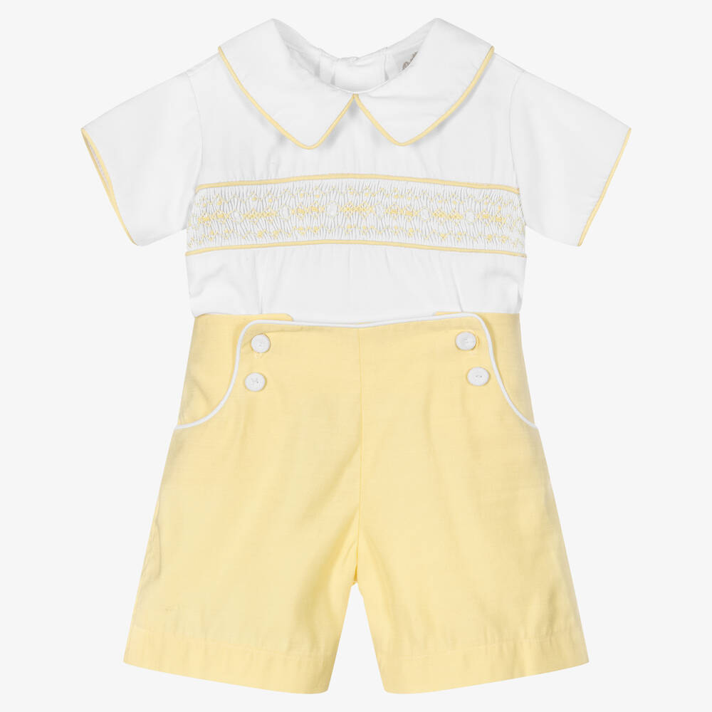Pretty Originals - White & Yellow Smocked Buster Suit | Childrensalon