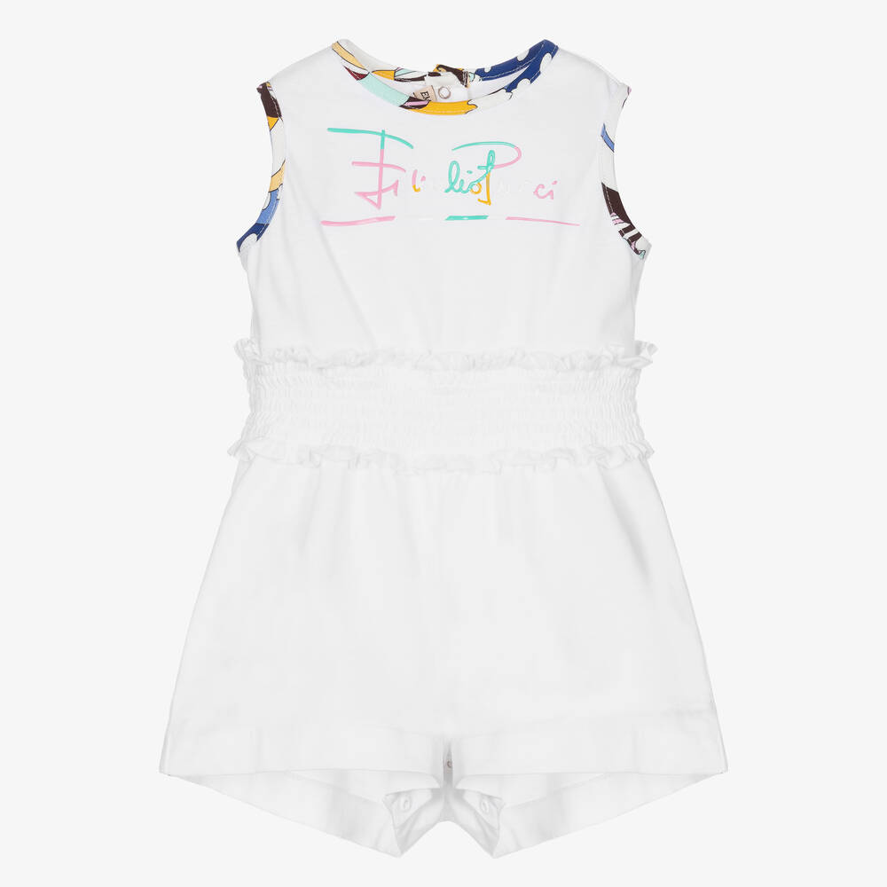 PUCCI - Baby Girls White Cotton Playsuit | Childrensalon