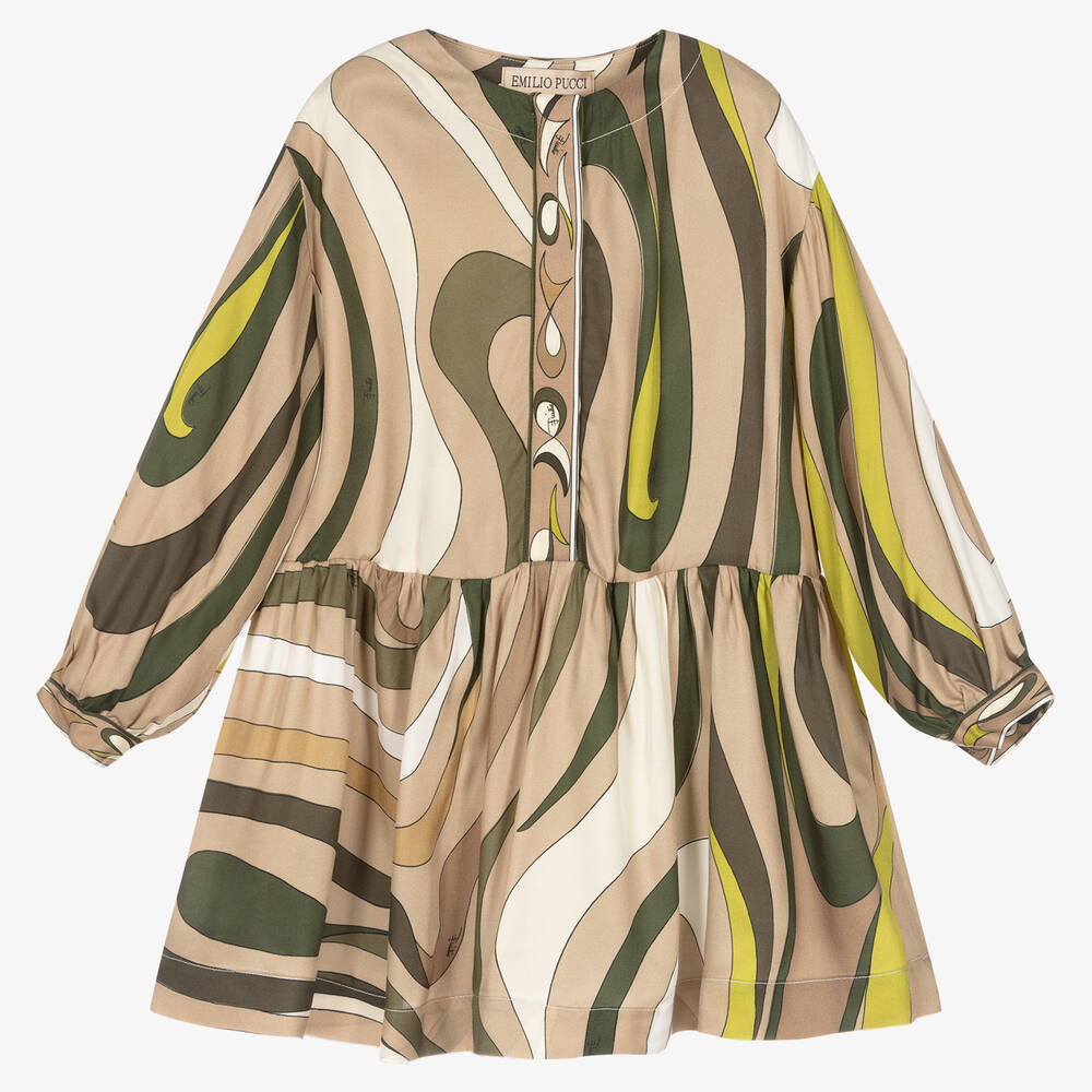 PUCCI - Girls Beige & Green Marmo Dress | Childrensalon