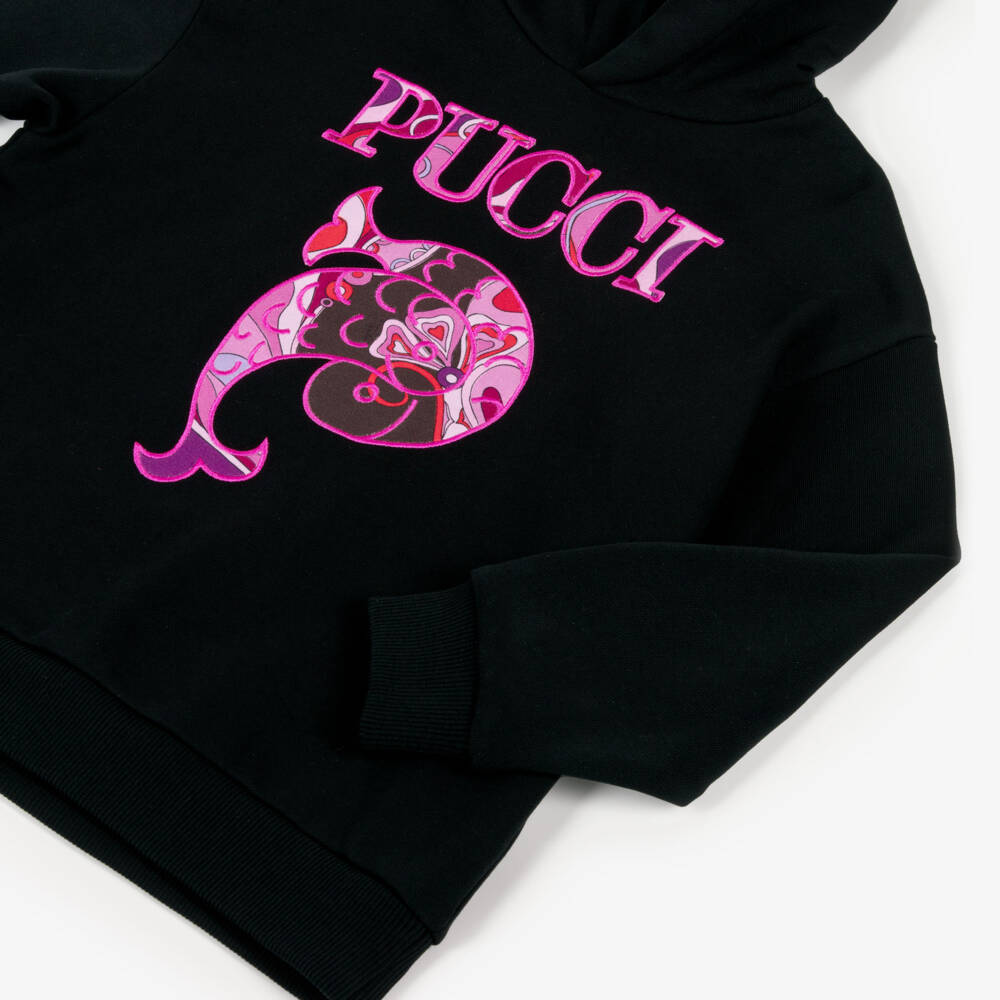 PUCCI-هودي قطن أسود للبنات بشعار | Childrensalon Outlet