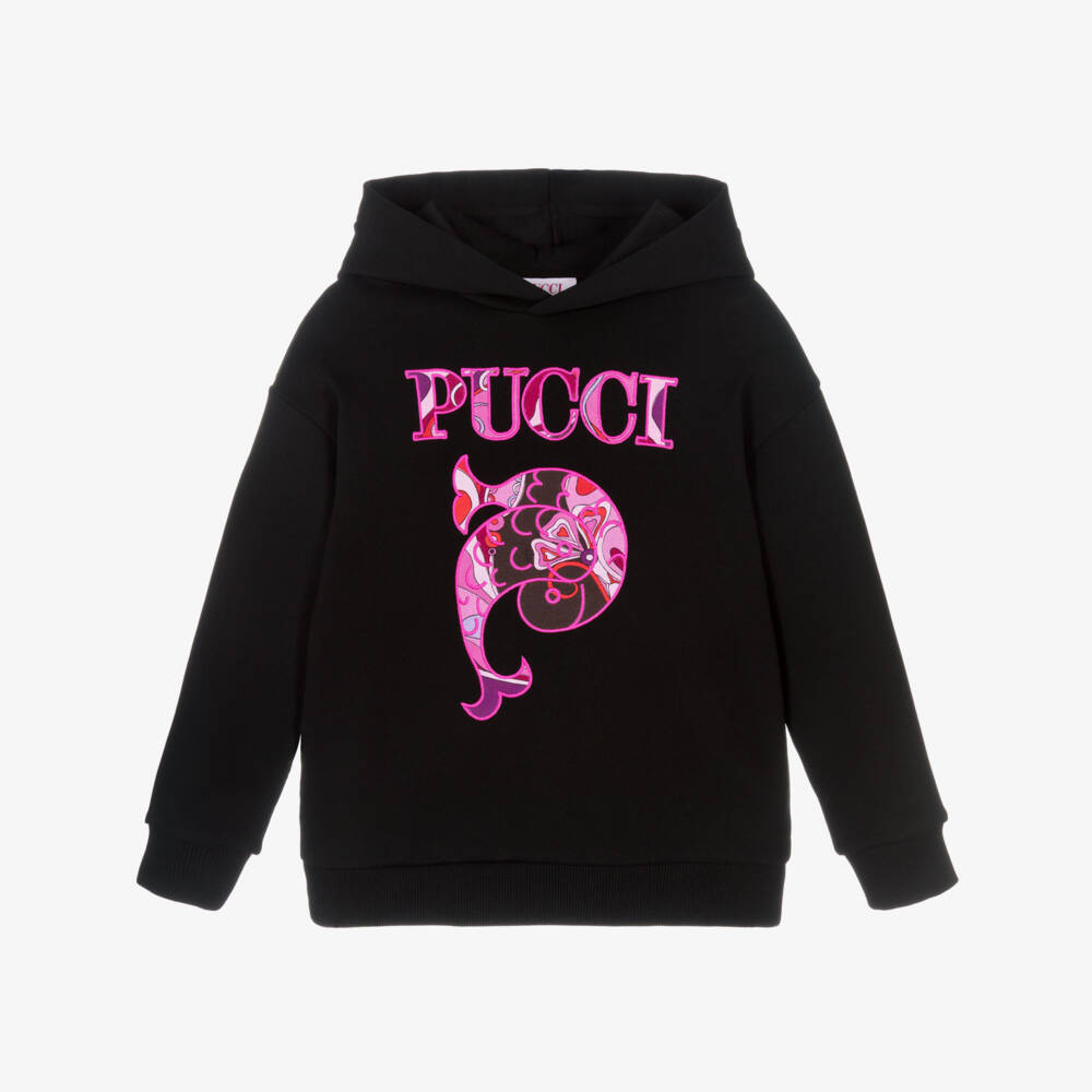 PUCCI-هودي قطن أسود للبنات بشعار | Childrensalon Outlet