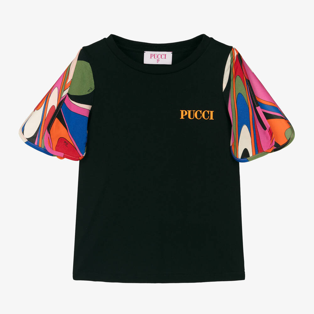 PUCCI-Girls Black Cotton Onde Print T-Shirt | Childrensalon Outlet