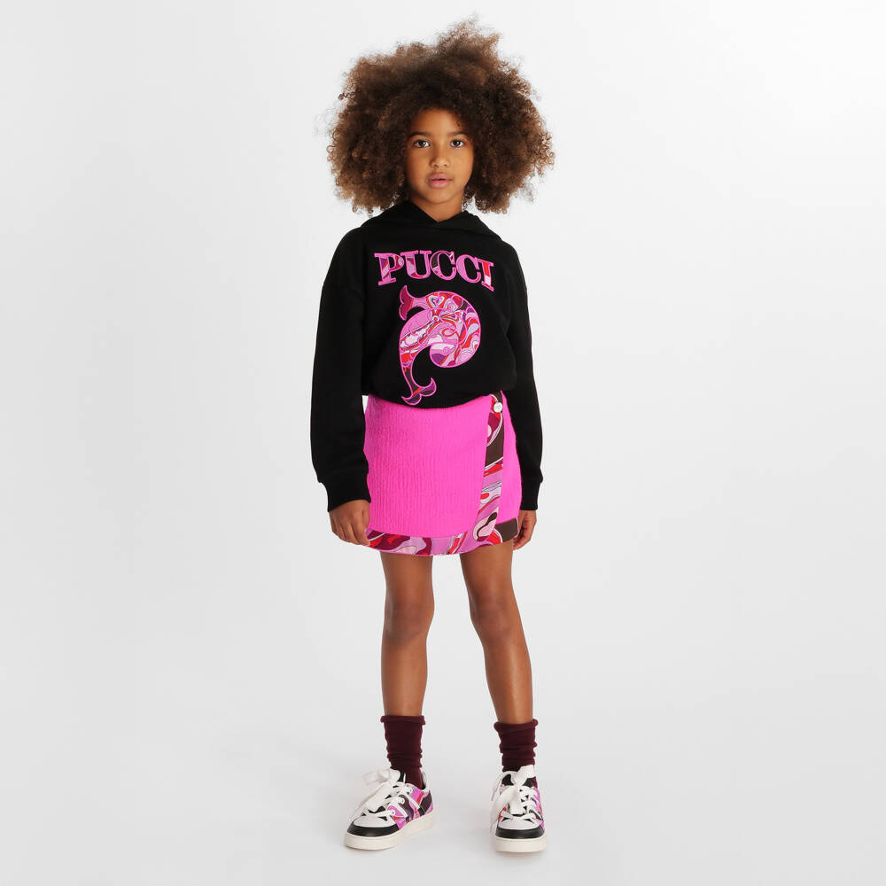 PUCCI-Girls Black Cotton Pesci Logo Hoodie with Orchidee Print | Childrensalon Outlet