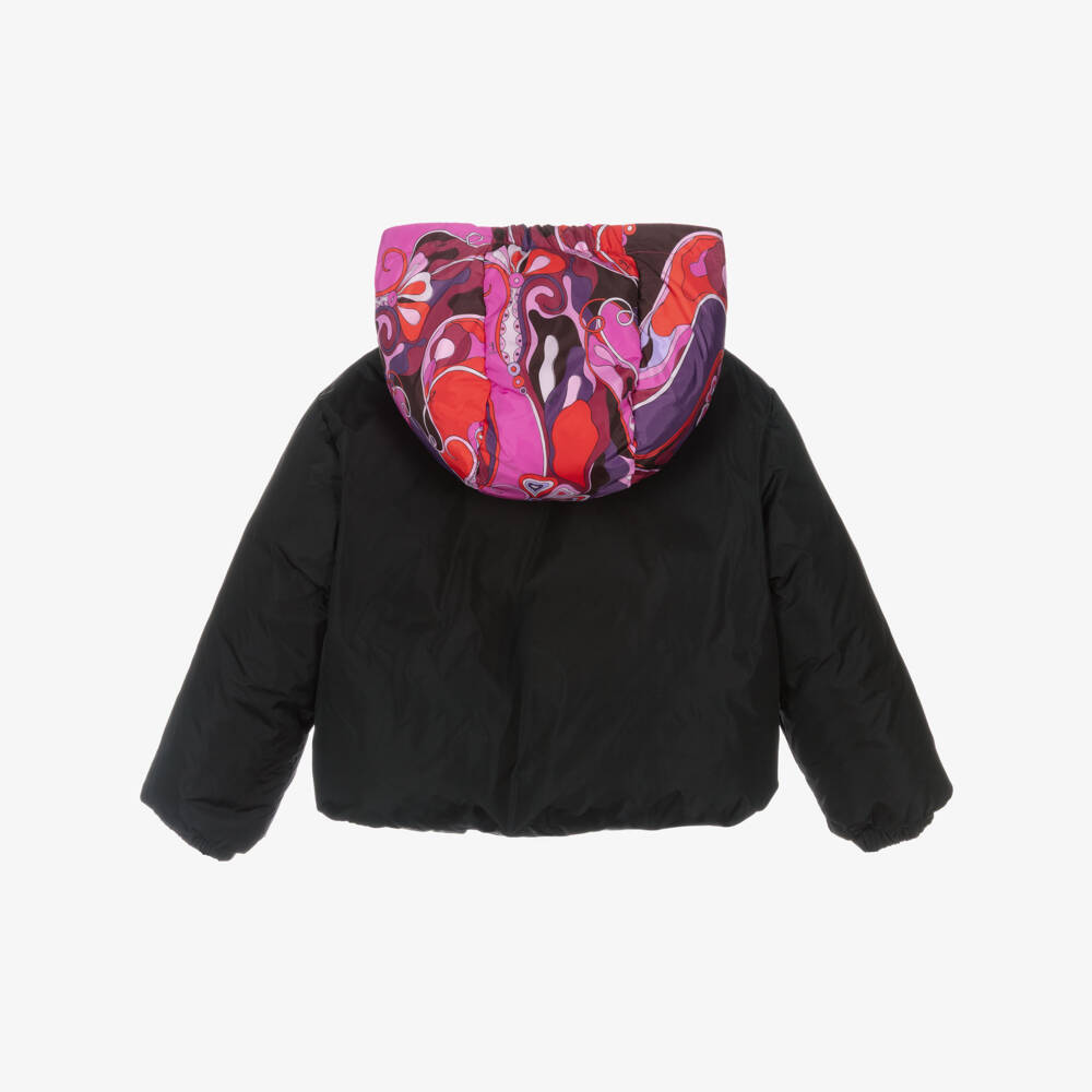 PUCCI-Girls Black Down Padded Jacket with Orchidee Print | Childrensalon Outlet