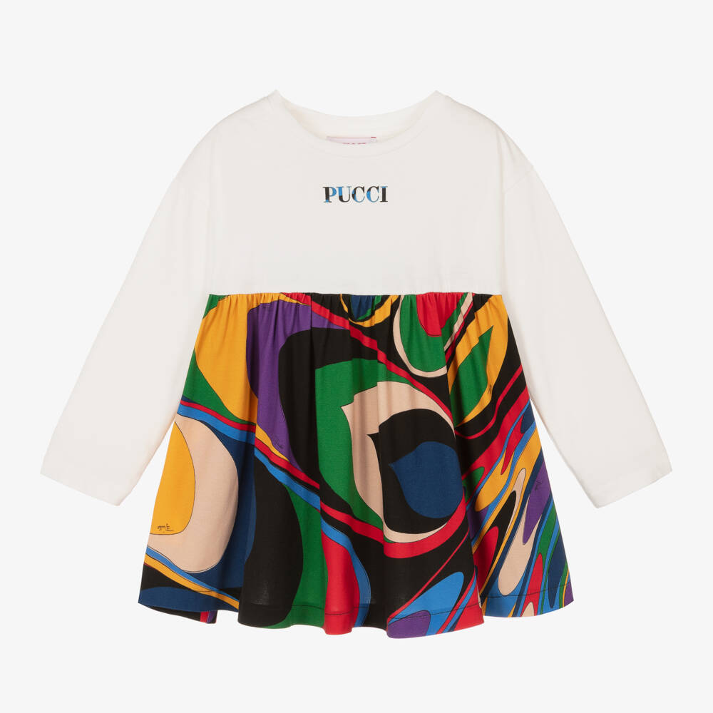 PUCCI-فستان بطبعة اوندي قطن لون بنفسجي وأسود | Childrensalon Outlet