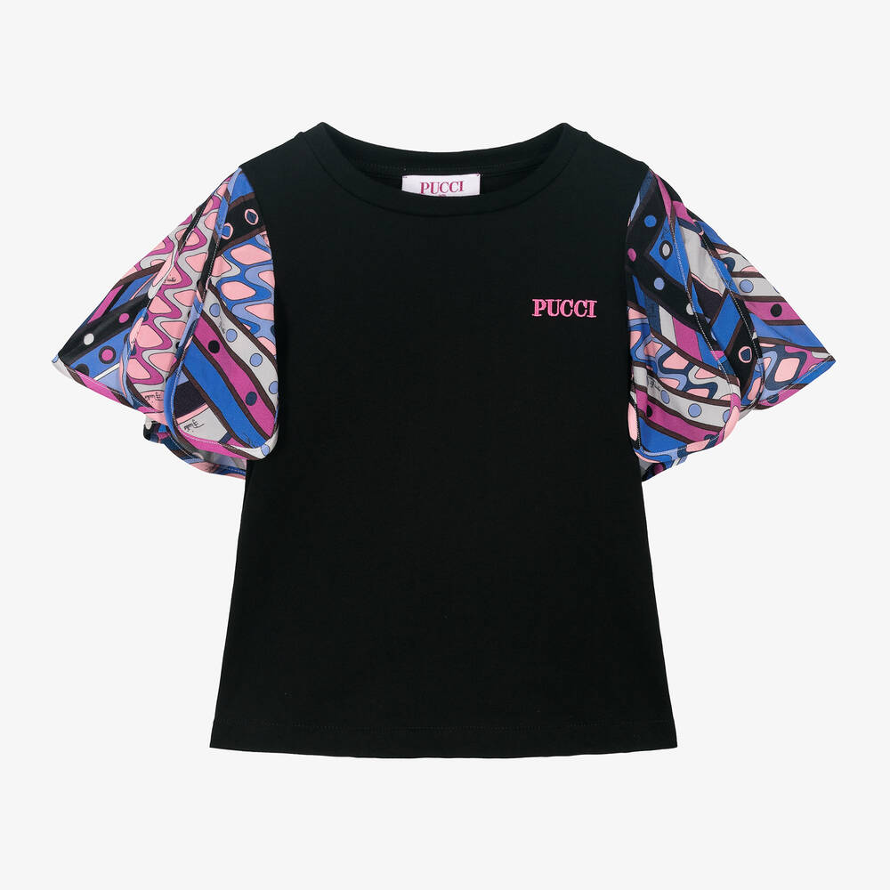 PUCCI-Girls Black Viscose Vivara Print T-Shirt | Childrensalon Outlet
