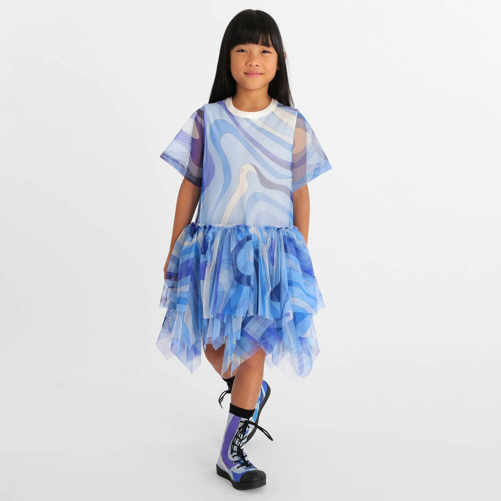 PUCCI-Girls Blue Marmo Print Tulle Dress | Childrensalon Outlet