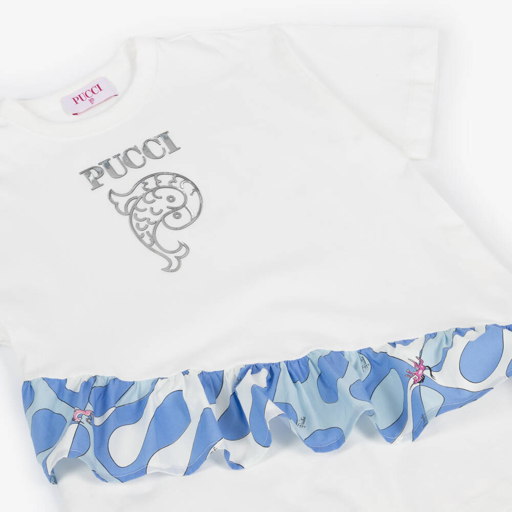 PUCCI-Girls Blue & White Cotton Ruffle Delight | Childrensalon Outlet