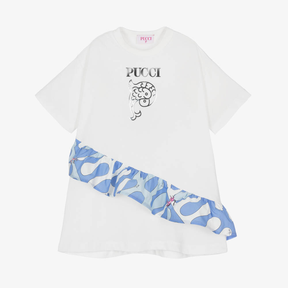 PUCCI-فستان بناتي أزرق وأبيض بقطن نقي ومزين بالكشكش | Childrensalon Outlet
