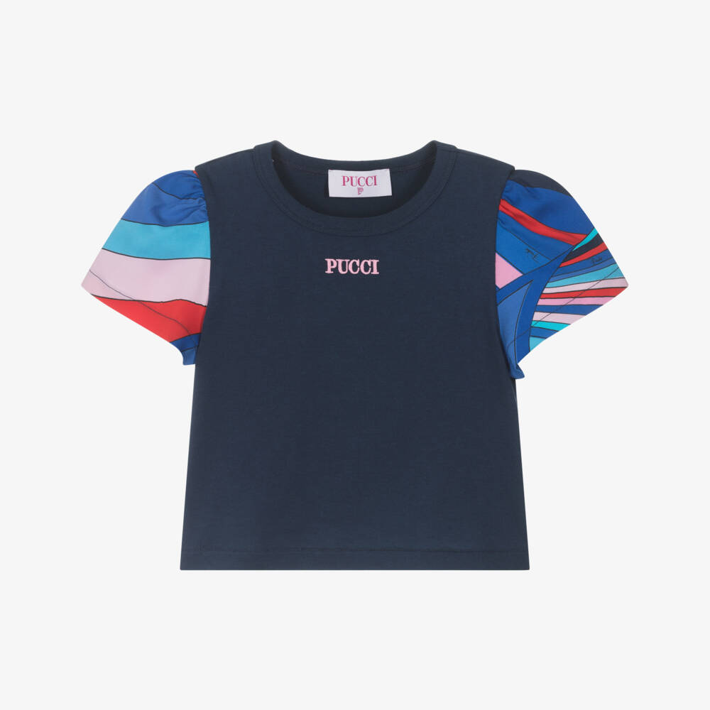 PUCCI-تيشيرت قطني أزرق أنيق للبنات | Childrensalon Outlet
