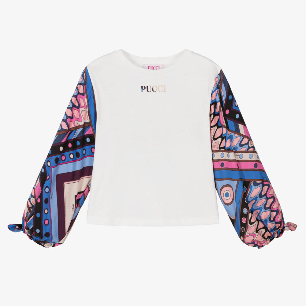 PUCCI-Girls Cotton Top with Patterned Sleeves | Childrensalon Outlet
