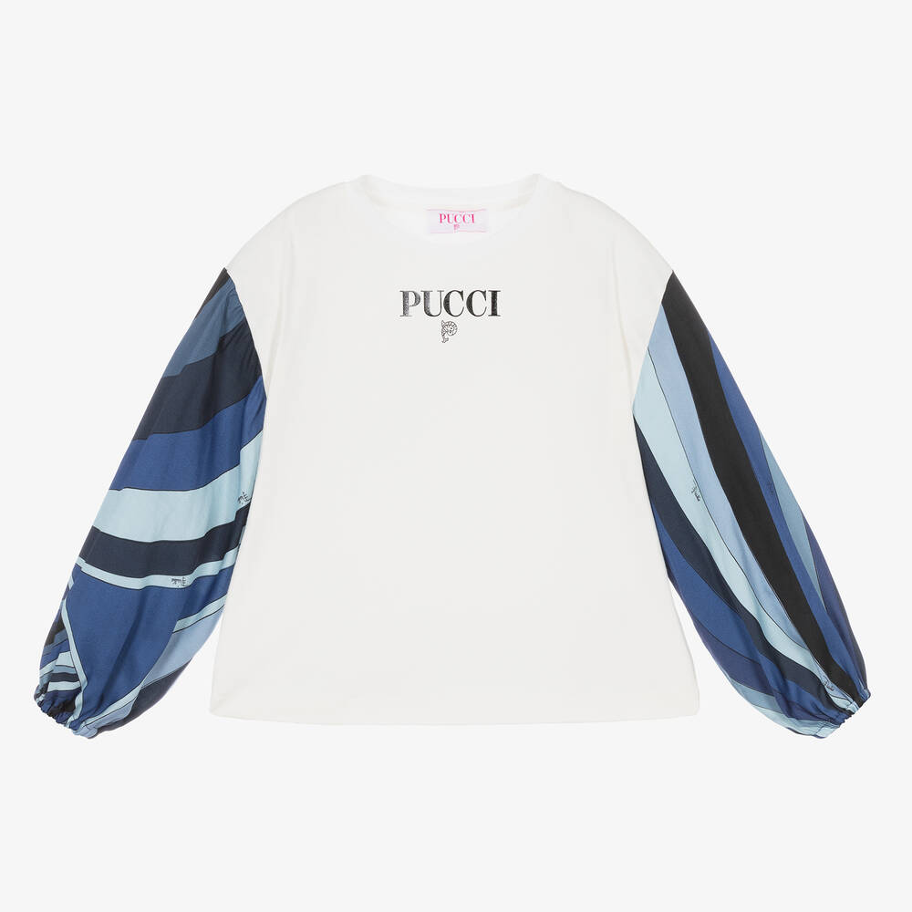 PUCCI - Кремово-синяя хлопковая футболка с принтом Marmo | Childrensalon