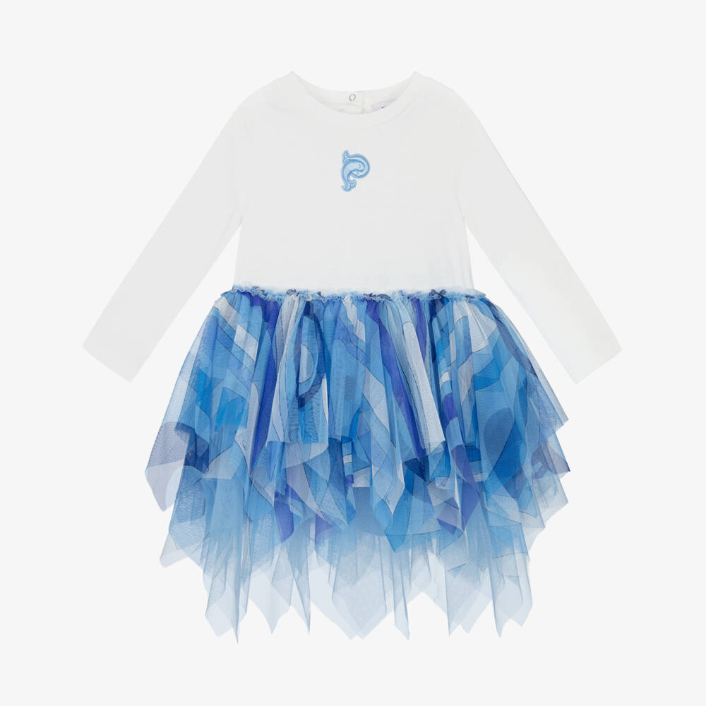 PUCCI-Girls Ivory & Blue Marmo Print Tulle Dress | Childrensalon Outlet