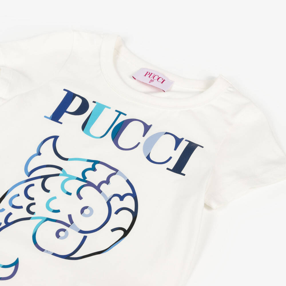 PUCCI-Girls Ivory Cotton Fish Motif T-Shirt | Childrensalon Outlet