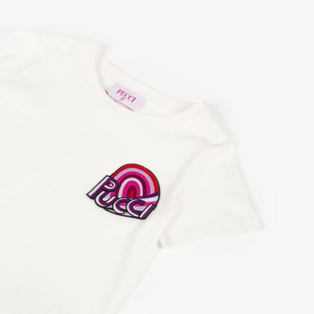 PUCCI-Girls Ivory Cotton Iride Logo T-Shirt | Childrensalon Outlet