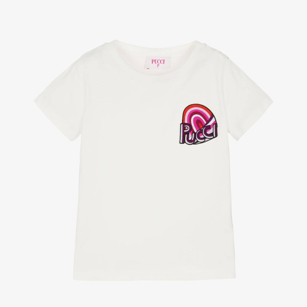 PUCCI-Girls Ivory Cotton Iride Logo T-Shirt | Childrensalon Outlet