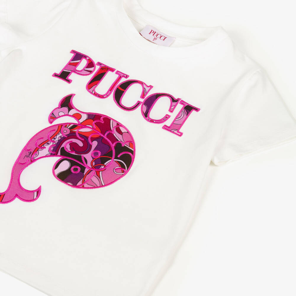 PUCCI-تيشيرت قطن عاجي للبنات بشعار الماركة | Childrensalon Outlet