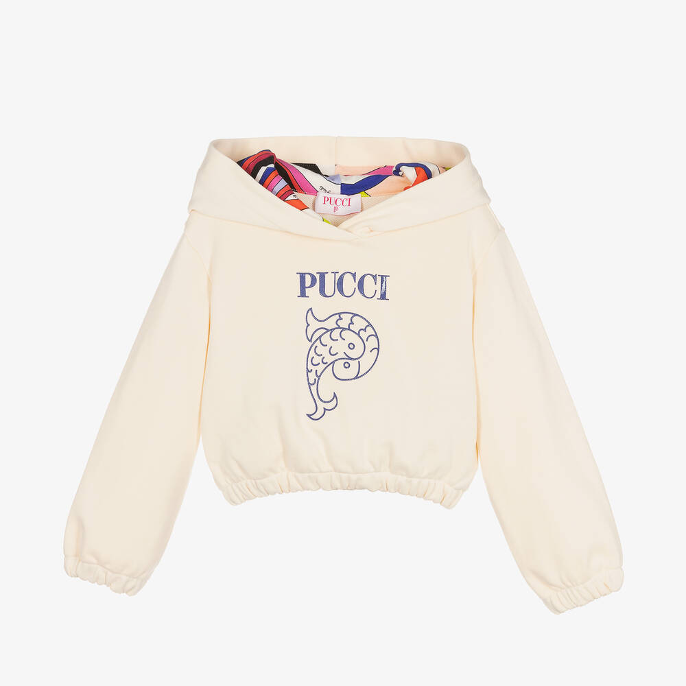 PUCCI - Sweat à capuche court ivoire fille | Childrensalon