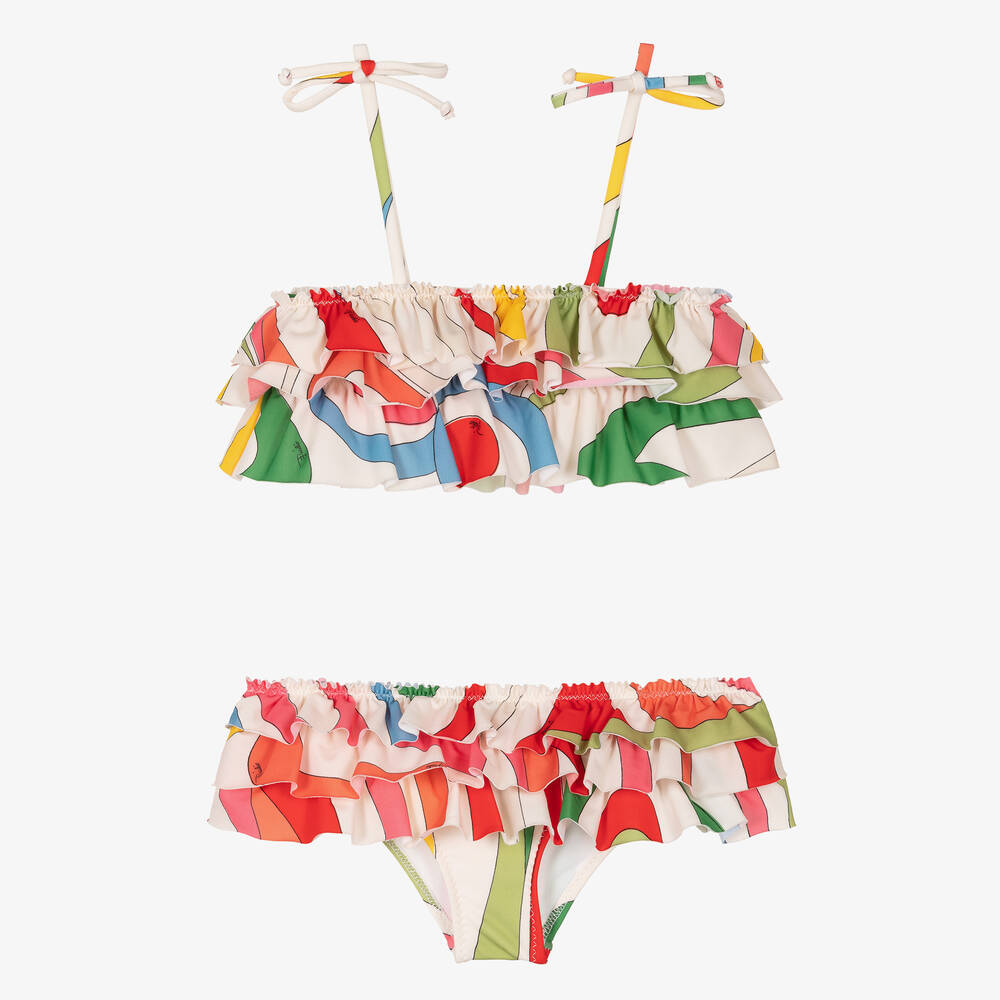 PUCCI - Girls Ivory Marmo Print Frills Bikini | Childrensalon