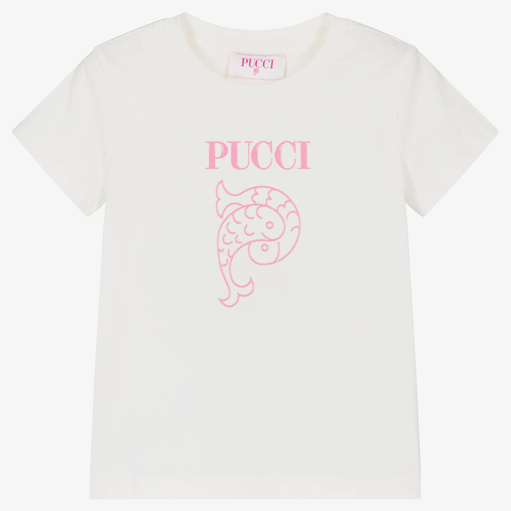 PUCCI - Girls Ivory Organic Cotton T-Shirt | Childrensalon