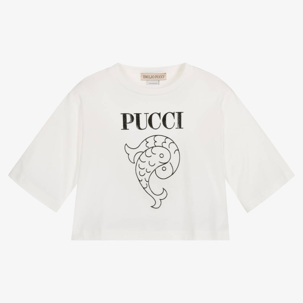 PUCCI-Girls Ivory Pesci Logo T-Shirt | Childrensalon Outlet