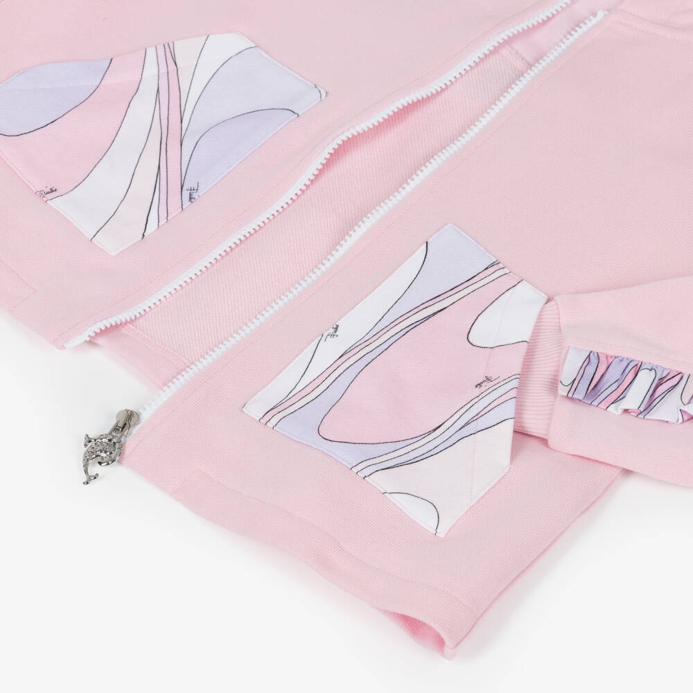 PUCCI-Girls Pale Pink Cotton Hooded Zip-Up Top | Childrensalon Outlet