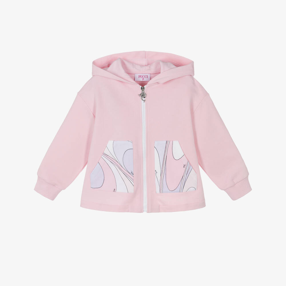 PUCCI-Girls Pale Pink Cotton Hooded Zip-Up Top | Childrensalon Outlet