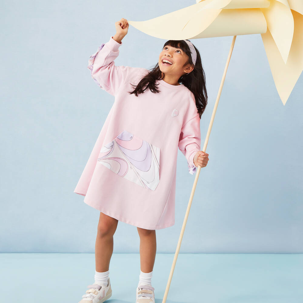 PUCCI-Girls Pale Pink Cotton Sweatshirt Dress with Onde Print | Childrensalon Outlet