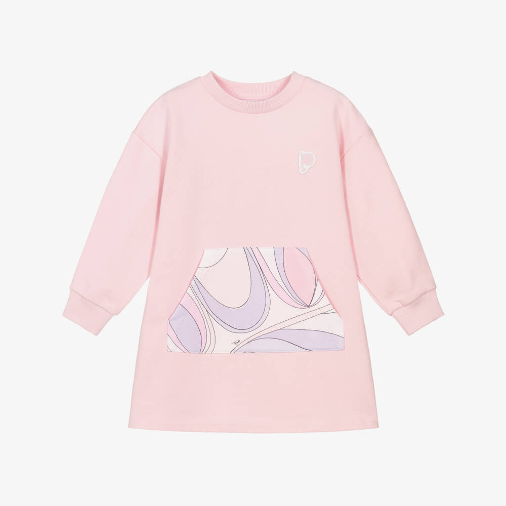 PUCCI-Girls Pale Pink Cotton Sweatshirt Dress with Onde Print | Childrensalon Outlet
