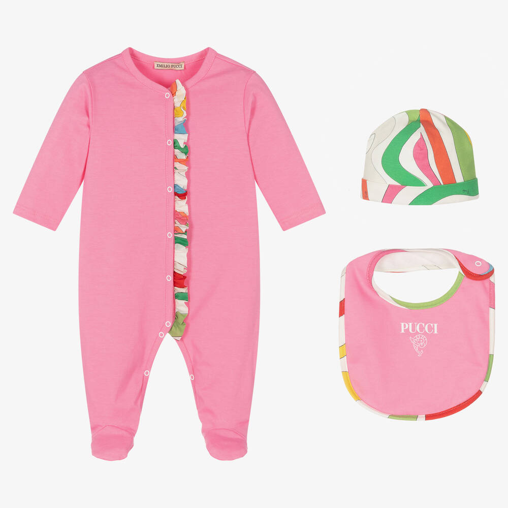 PUCCI - Girls Pink 3 Piece Babygrow Set | Childrensalon