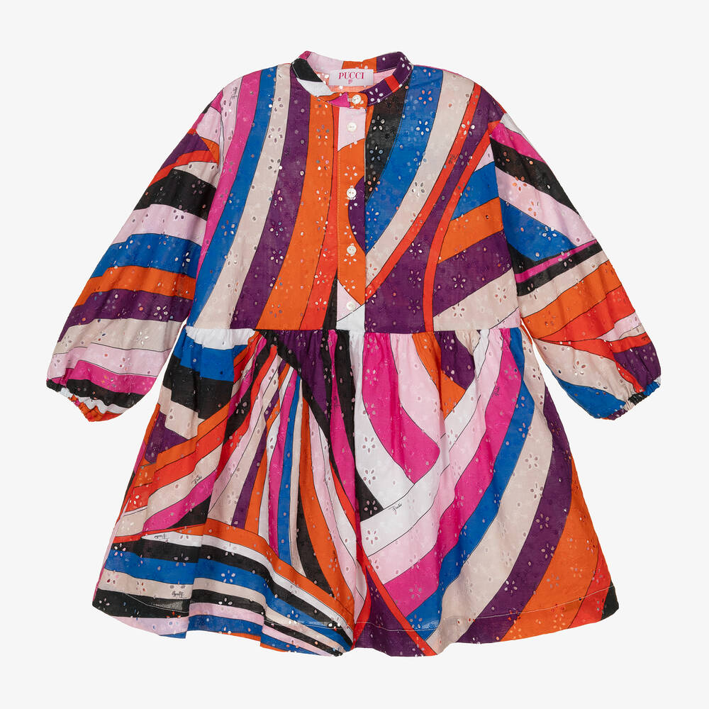 PUCCI-Розовое платье с вышивкой английской гладью и принтом Iride | Childrensalon Outlet