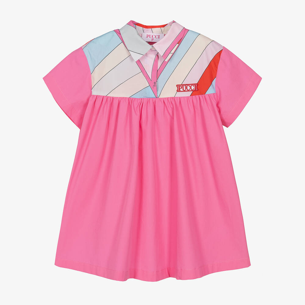PUCCI-فستان قطن عضوي بوبلين لون زهري بطبعة ملونة | Childrensalon Outlet