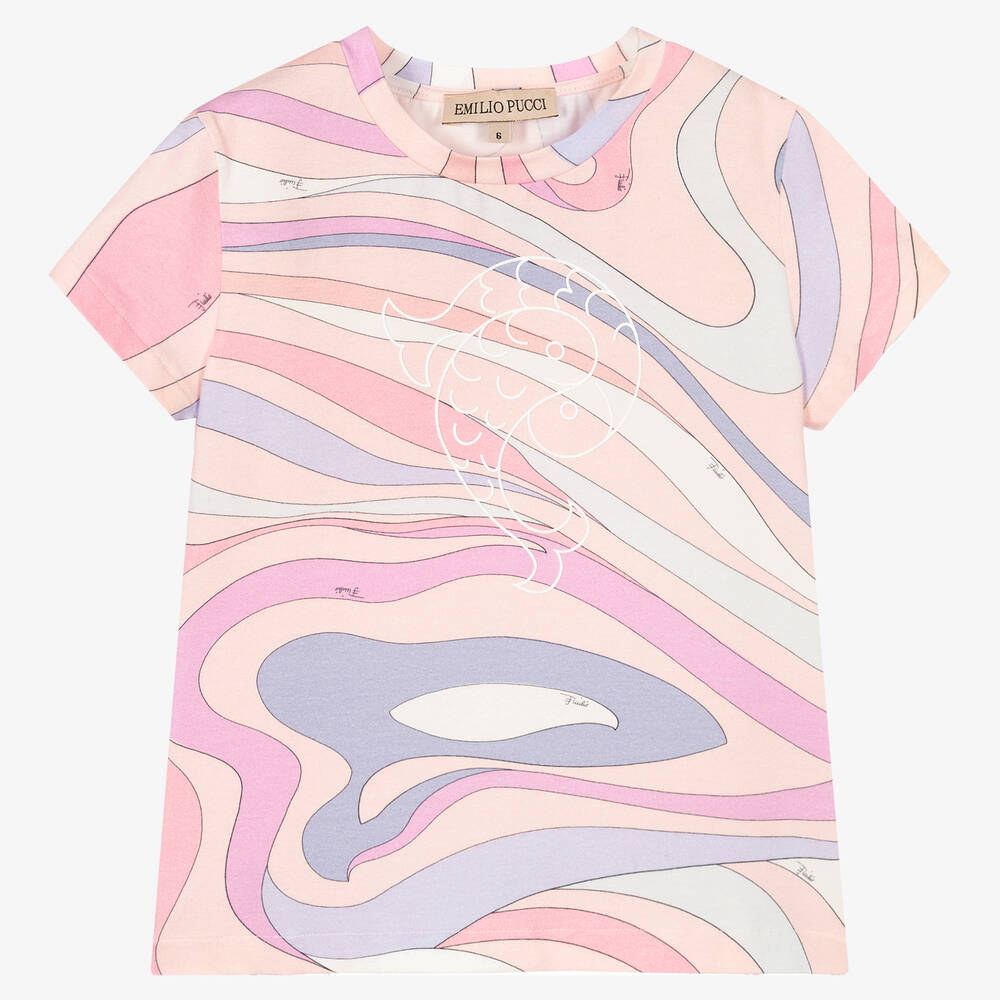 PUCCI - Girls Pink Cotton Marmo T-Shirt | Childrensalon