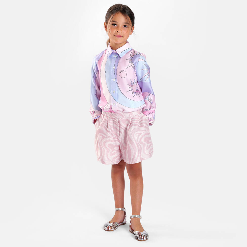 PUCCI-Girls Pink Linen Blend Marmo Print Shorts | Childrensalon Outlet